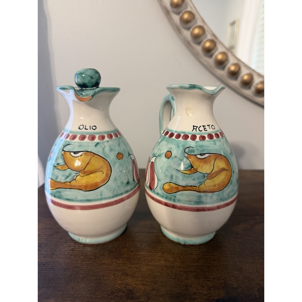 Vintage Positano Italy Pottery Olio Aceto Oil Vinegar Cruet Set Hand Painted